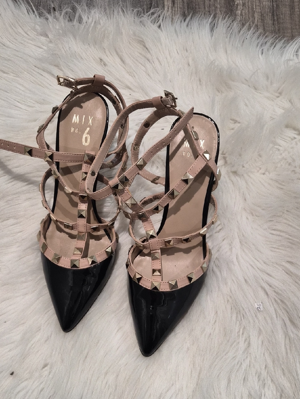 Mix No. 6 Black Patent Pointed-Toe Heels with Nude Studded Straps